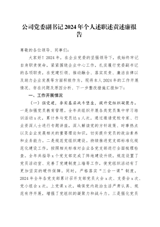公司党委副书记2024年个人述职述责述廉报告20250207