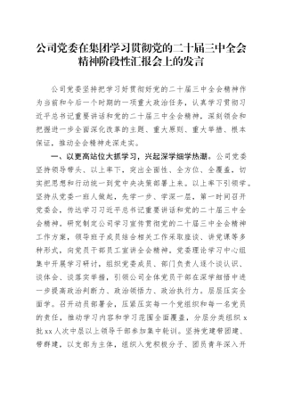 公司党委在集团学习贯彻党的二十届三中全会精神阶段性汇报会上的发言