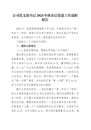 公司党支部书记2024年抓基层党建工作述职报告国有企业20241127