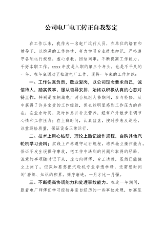 公司电厂电工转正自我鉴定