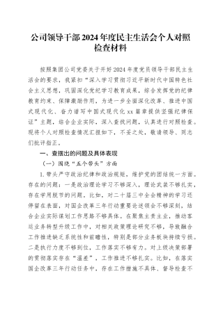 公司领导干部2024年度民主生活会个人对照检查材料（五个带头，纪律规矩团结统一、党性纪律作风、清正廉洁、从严治党，检视剖析，发言提纲，含四个带头国有企业）20250219