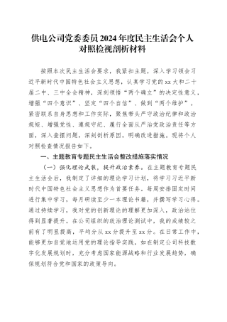 供电公司党委委员2024年度民主生活会个人对照检视剖析材料