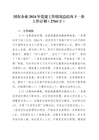 国企2024年党建工作情况总结及下一步工作计划（2764字）