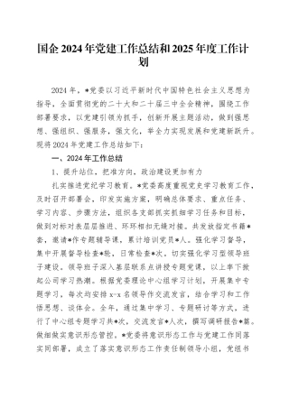 国企2024年党建工作总结和2025年度工作计划