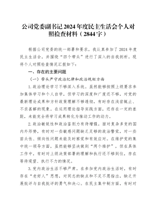 国企党委副书记2024年度民主生活会个人对照检查材料（2844字）