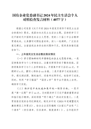 国企党委副书记2024年民主生活会个人对照检查发言材料（4077字）