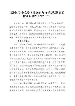 国企党委书记2024年度抓基层党建工作述职报告（2878字）