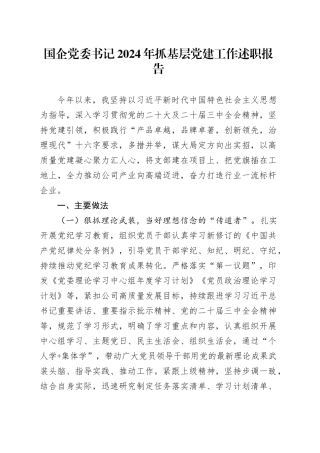 国企党委书记2024年抓基层党建工作述职报告汇报总结公司20250101