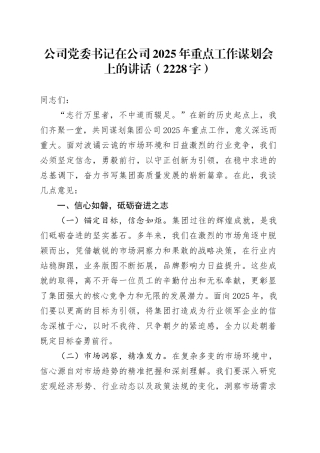 国企党委书记在公司2025年重点工作谋划会上的讲话（2228字）