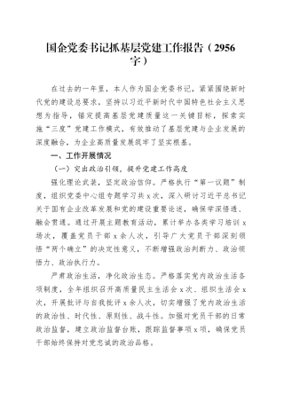 国企党委书记抓基层党建工作报告（2956字）