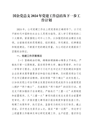 国企党总支2024年党建工作总结及下一步工作计划