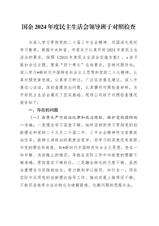 国企公司2024年度民主生活会领导班子对照检查3200字