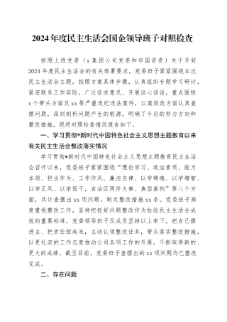 国企公司班子2024年度民主生活会对照检查5300字