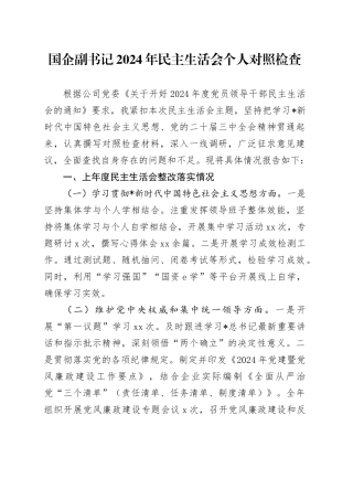 国企公司副书记2024年民主生活会对照检查4000字（含上年度整改情况）