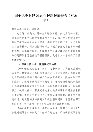 国企纪委书记2024年述职述廉报告（5031字）