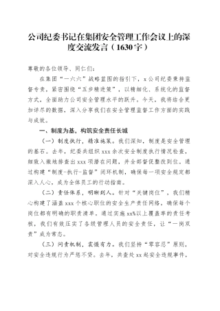 国企纪委书记在集团安全管理工作会议上的深度交流发言（1630字）