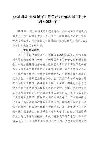 国企团委2024年度工作总结及2025年工作计划（2031字）