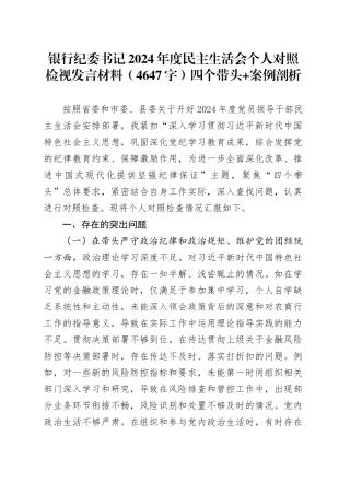 国企银行纪委书记2024年度民主生活会个人对照检视发言材料（4647字）四个带头+案例剖析