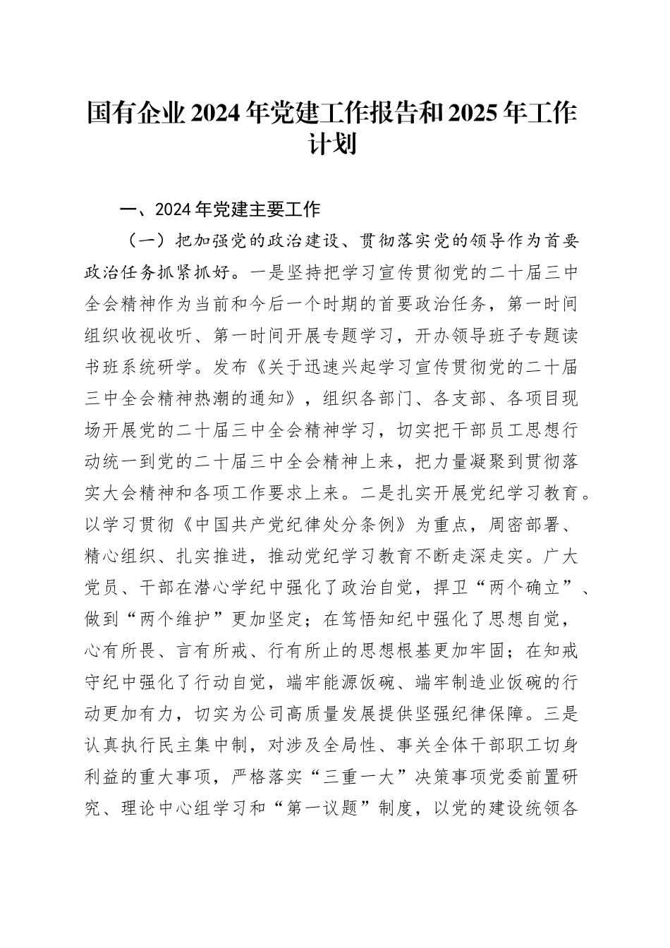 国有企业2024年党建工作报告和2025年工作计划20241225_第1页
