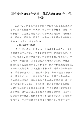 国有企业2024年党建工作总结和2025年工作计划20241204