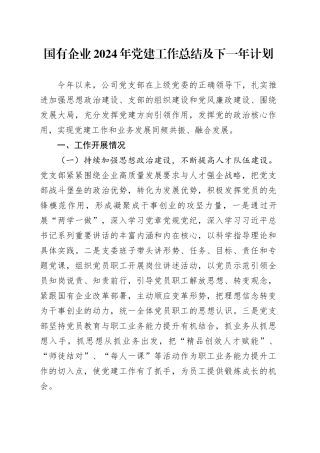国有企业2024年党建工作总结及下一年计划