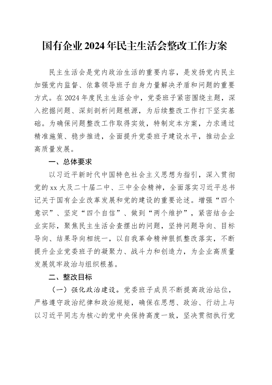 国有企业2024年民主生活会整改工作方案_第1页