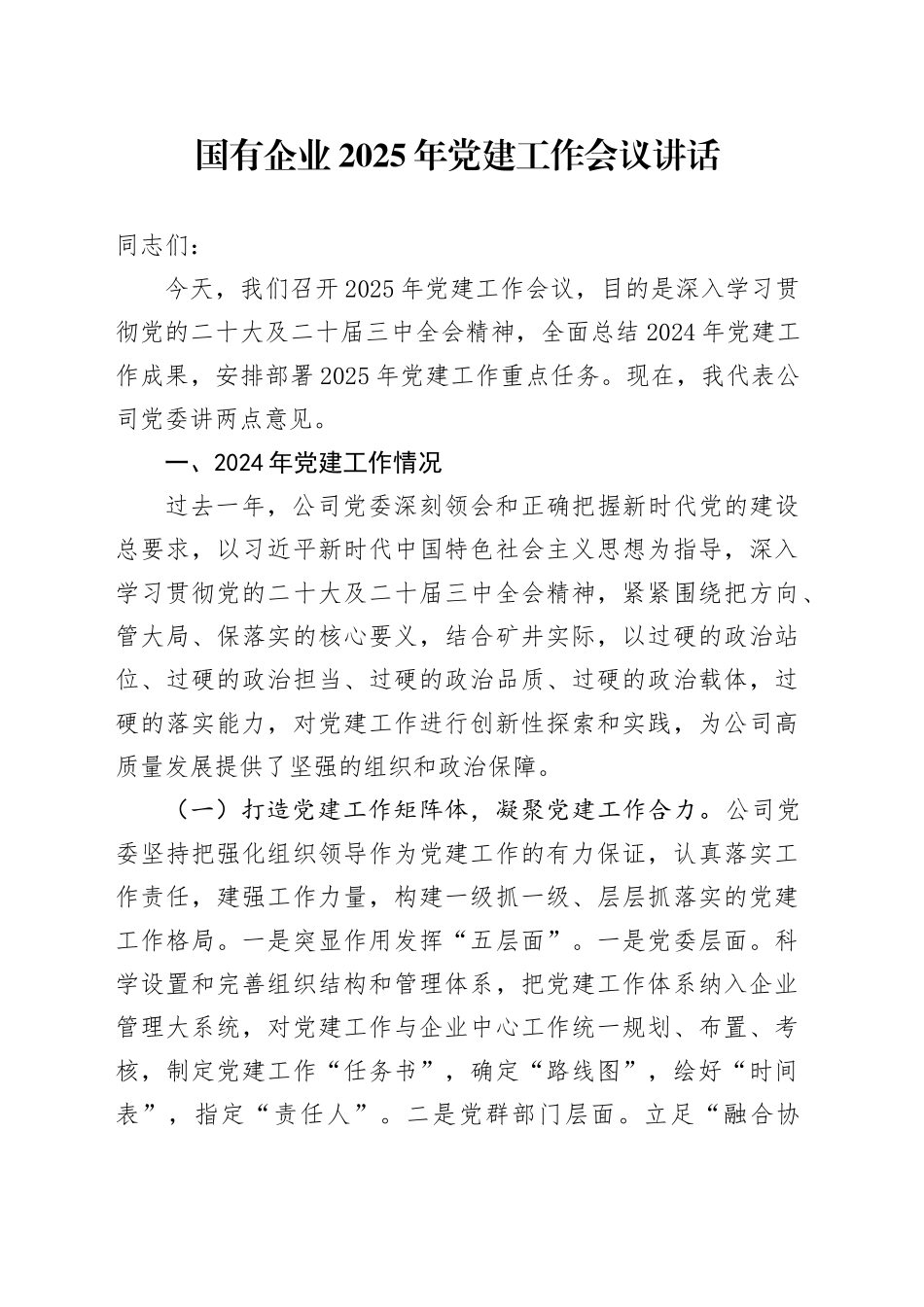 国有企业2025年党建工作会议讲话公司2024年总结汇报报告20250305_第1页