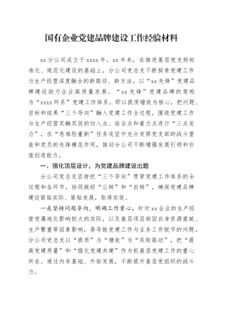 国有企业党建品牌建设工作经验材料公司20241120