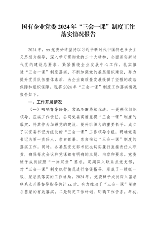 国有企业党委2024年“三会一课”制度工作落实情况报告