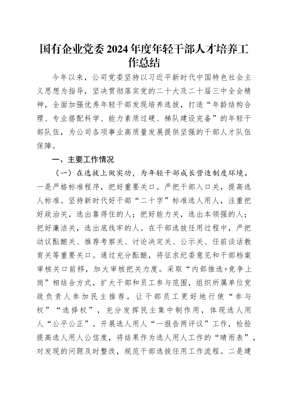 国有企业党委2024年度年轻干部人才培养工作总结_第1页