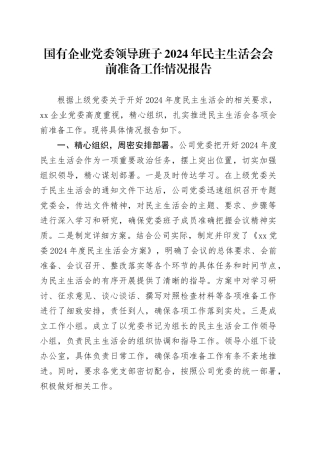 国有企业党委领导班子2024年民主生活会会前准备工作情况报告