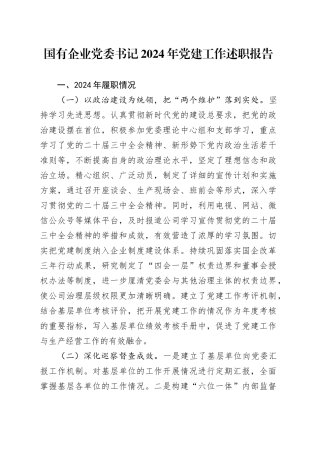 国有企业党委书记2024年党建工作述职报告