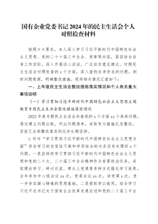 国有企业党委书记2024年的民主生活会个人对照检查材料
