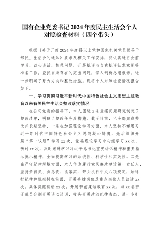 国有企业党委书记2024年度民主生活会个人对照检查材料（含上年度整改，案例剖析，四个带头，纪律规矩团结统一、党性纪律作风、清正廉洁、从严治党，检视剖析，发言提纲公司）20250226