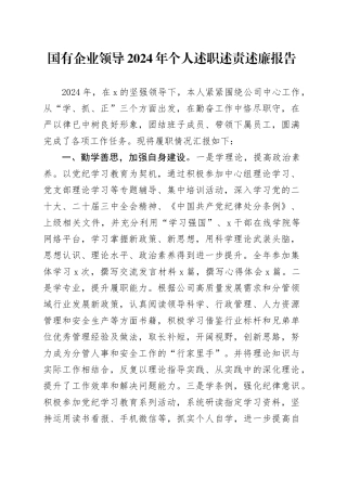 国有企业领导2024年个人述职述责述廉报告公司20241120