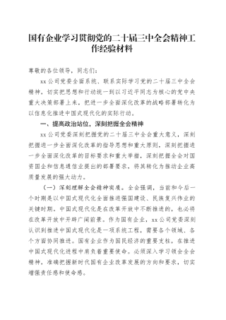 国有企业学习贯彻党的二十届三中全会精神工作经验材料总结汇报报告20241113