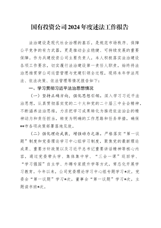 国有投资公司2024年度述法工作报告