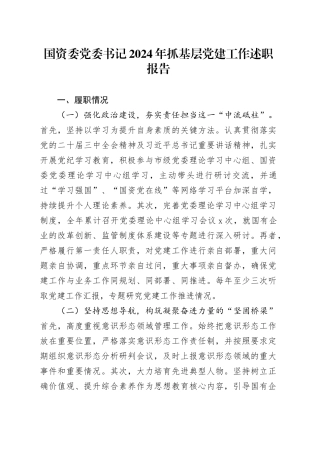 国资委党委书记2024年抓基层党建工作述职报告20241211