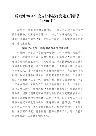 后勤处2024年度支部书记抓党建工作报告（1500字）