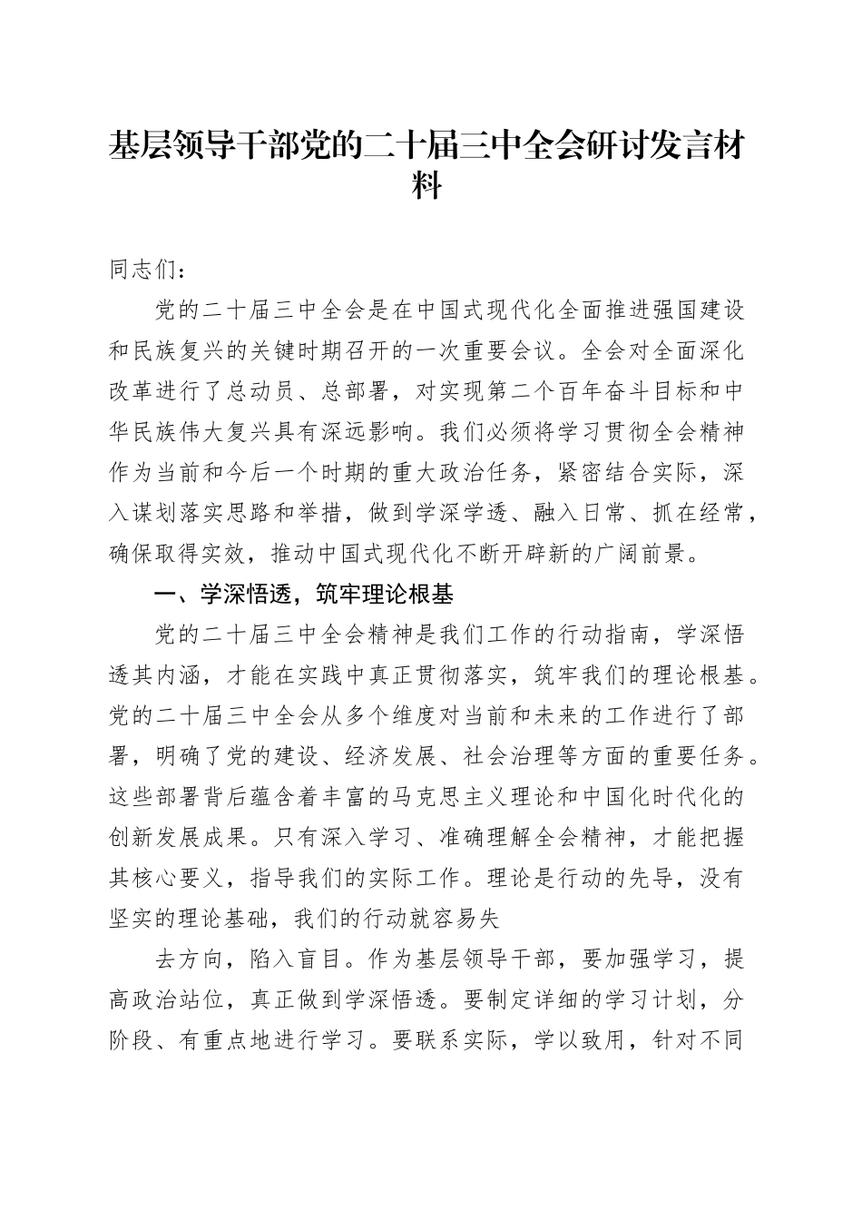 基层领导干部党的二十届三中全会研讨发言材料_第1页