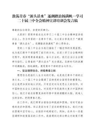激荡青春“源头活水”逐潮踏浪扬满帆—学习二十届三中全会精神宣讲培训会发言稿