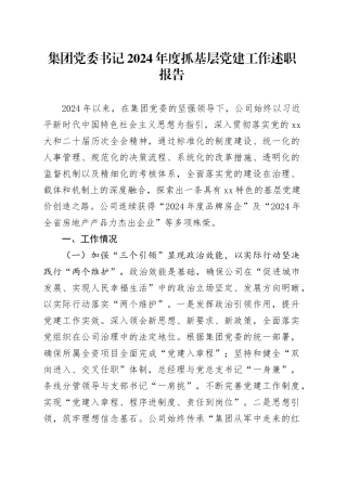 集团党委书记2024年度抓基层党建工作述职报告