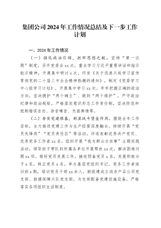 集团公司2024年工作情况总结及下一步工作计划