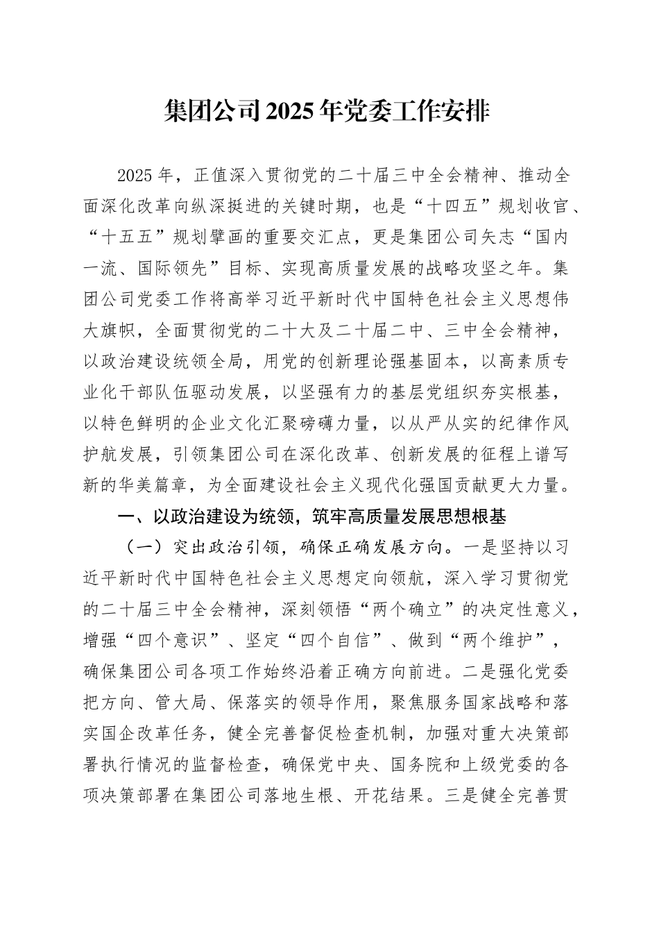 集团公司2025年党委工作安排_第1页