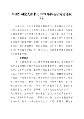 集团公司党支部书记2024年抓基层党建述职报告20241204