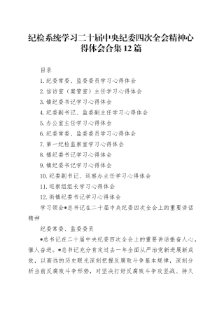 纪检系统学习二十届中央纪委四次全会精神心得体会合集12篇（简单版特殊）