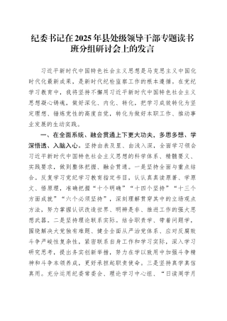 纪委书记在2025年县处级领导干部专题读书班分组研讨会上的发言