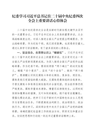 纪委学习习近平总书记在二十届中央纪委四次全会上重要讲话心得体会研讨发言