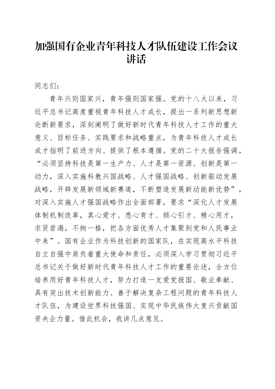 加强国有企业青年科技人才队伍建设工作会议讲话公司20241211_第1页