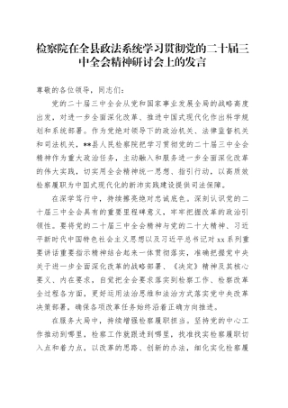 检察院在全县政法系统学习贯彻党的二十届三中全会精神研讨会上的发言